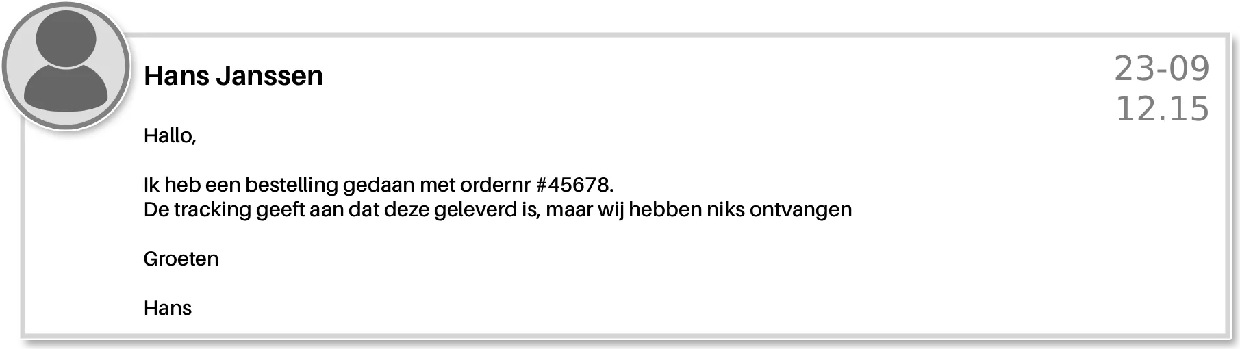 Hans Janssen meldt dat de tracking van order 45678 aangeeft dat het pakket geleverd is, maar dat hij niets heeft ontvangen