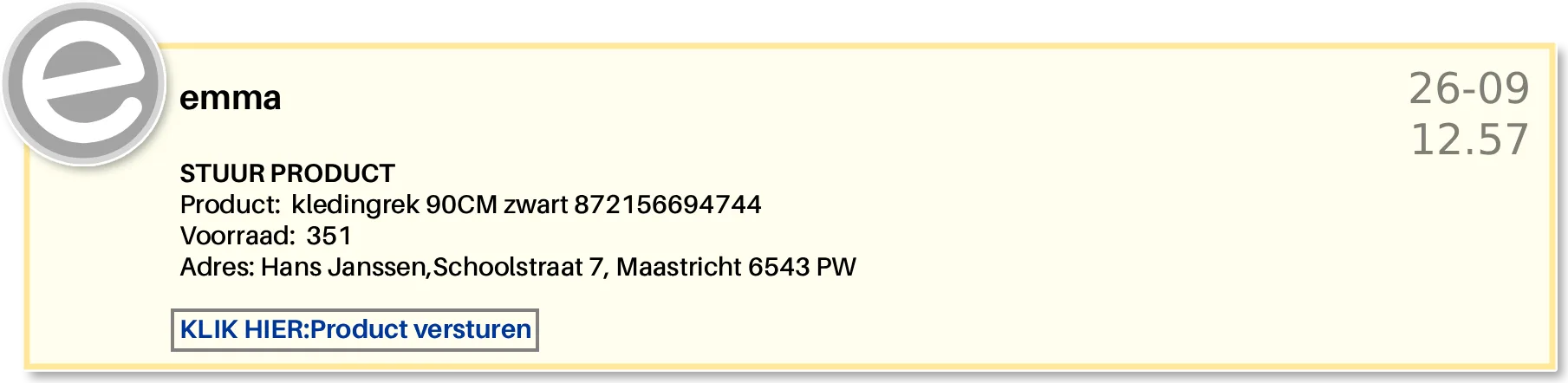 Actieblok om het product te versturen, met productnaam, voorraadaantal en bezorgadres al ingevuld, en een knop om het te doen