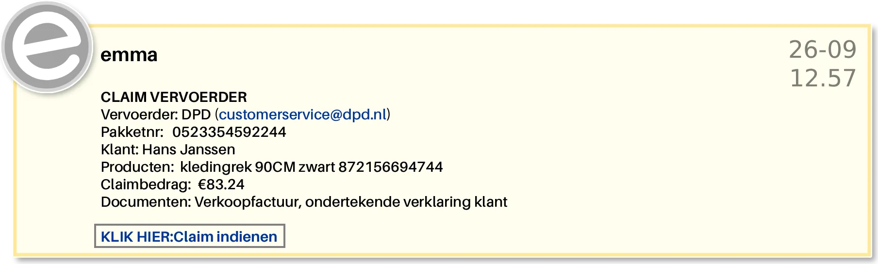 Actieblok om de claim bij DPD in te dienen, met pakketnummer, klant, product, claimbedrag en documenten al ingevuld, en een knop om het te doen